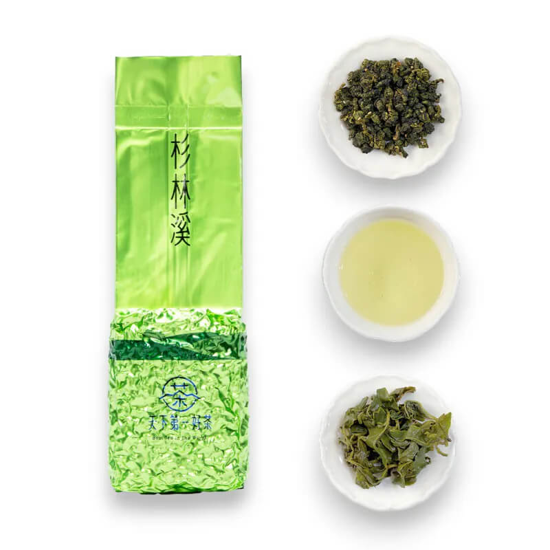 杉林溪高山茶包裝與茶葉、茶湯、葉底完整展示