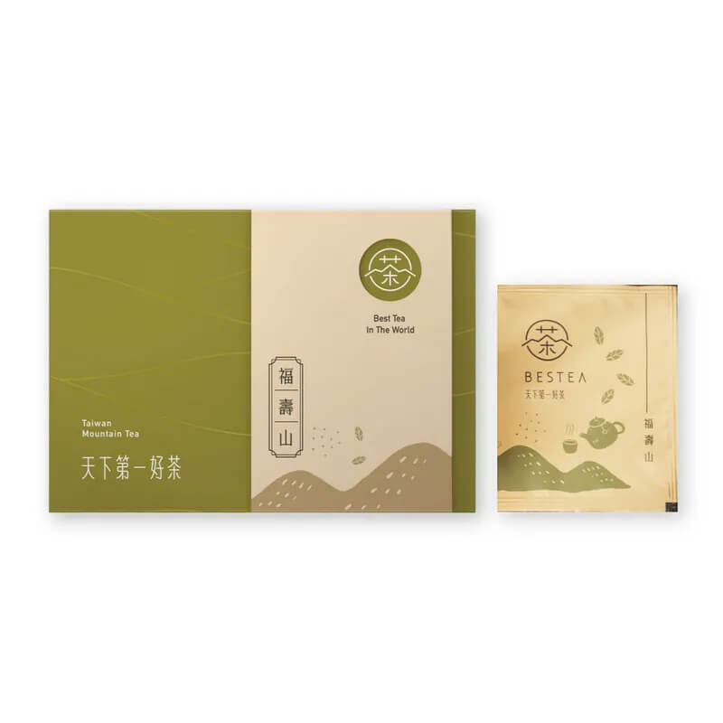 福壽山茶包與外盒包裝展示,展現台灣高山茶的質感設計與風味特色