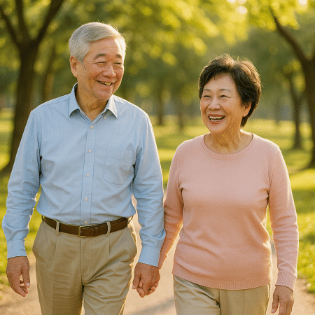 退休銀髮夫妻牽手在陽光公園散步，微笑展現幸福退休生活