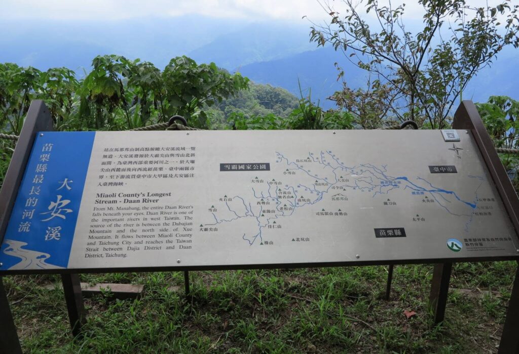 馬拉邦山山頂的風景解說牌，詳細介紹大安溪流向與雪霸國家公園群山，讓這趟苗栗登山步道更具教育意義。