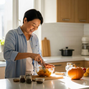 一位中年子女面帶微笑，正在廚房為年邁的父母準備軟質餐。