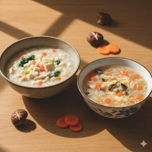 兩碗專為長輩設計的銀髮族食譜：左邊是元氣粥，右邊是山藥羹，食材都已煮得軟爛細碎。