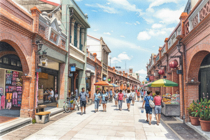 A watercolor painting of Taiwan's Sanxia Old Street, depicting red-brick buildings and bustling pedestrians.