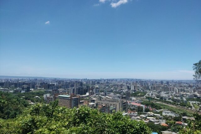 A panoramic view from a high point on the Nan Guanyinshan trail, offering a sweeping look at the Dakeng valley and the Taichung cityscape.