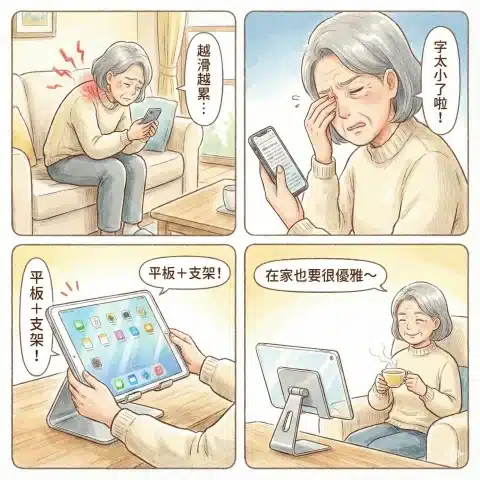 平板支架使用對比漫畫：銀髮族告別低頭滑手機帶來的視覺疲累，透過平板支架享受優雅大螢幕的居家舒壓時光。