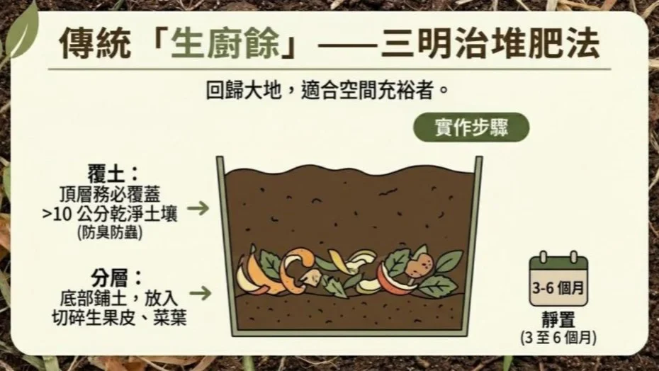 廚餘機粉末肥料化真相 - 傳統生廚餘三明治堆肥法