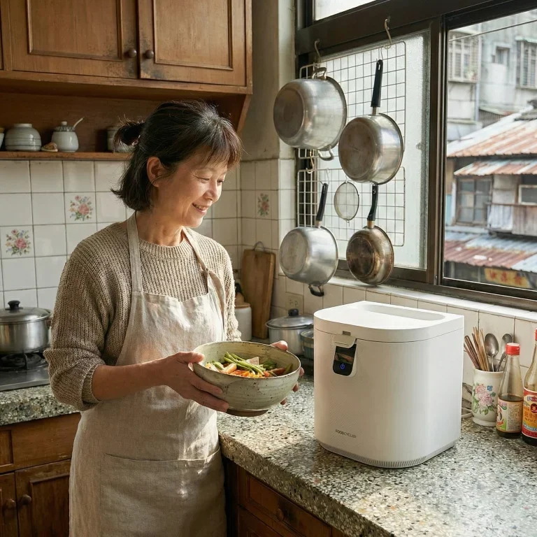 笑容溫暖的熟齡大人在採光良好的廚房內操作白色簡約廚餘機，善用廚餘機補助能為第二人生換取輕盈、優雅的居家日常。
