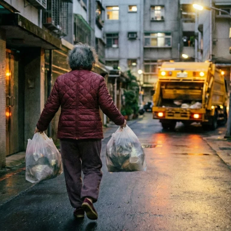 熟齡大人提著沈重物追趕垃圾車的辛勞背影，這真實的日常縮影反映出優雅退休生活中「熟齡廚餘機必要性」的重要痛點。