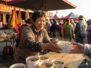 在媽祖遶境點心站，一位神情平和的東方女性志工，雙手遞出一碗冒著熱氣的麵線