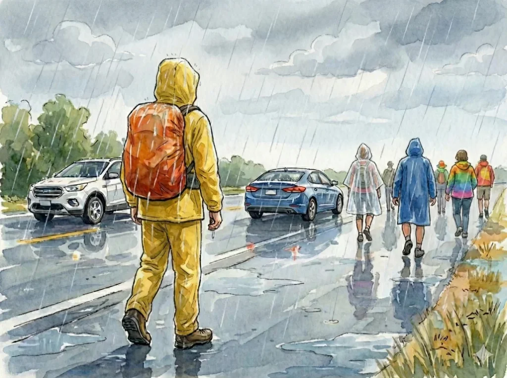 媽祖繞境裝備 一名香客背對鏡頭，穿著全套黃色兩截式雨衣，背包也套上了防雨罩，在濕滑的馬路上冒雨前行，旁邊有其他穿雨衣的行人和車輛。