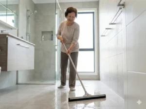 浴室清潔 一位長者輕鬆地使用長柄刮水器清潔浴室地板