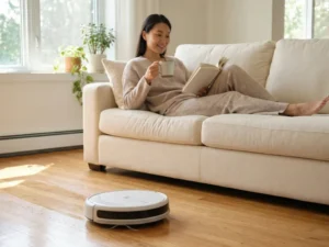 電動清潔工具 一位女士坐在沙發上喝茶，而一台機器人正在她面前的地板上工作