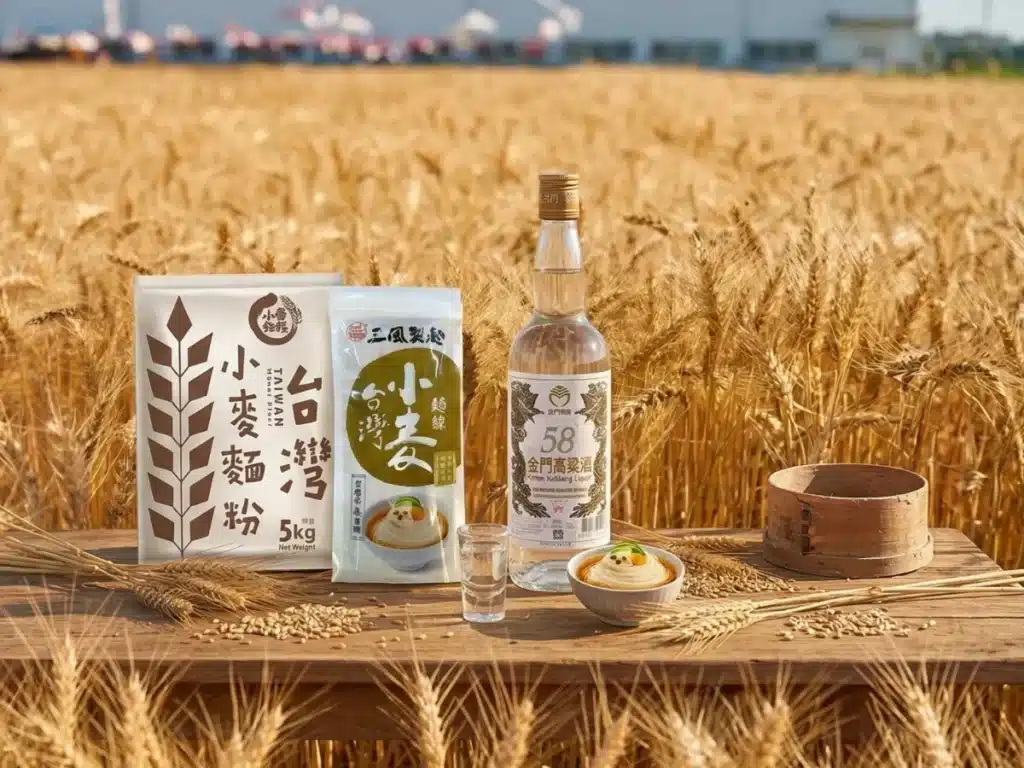金黃色麥田中的木桌上擺放著大雅小麥特產：好好小麥、 三風製麵的小麥麵線和 58 金門高粱酒