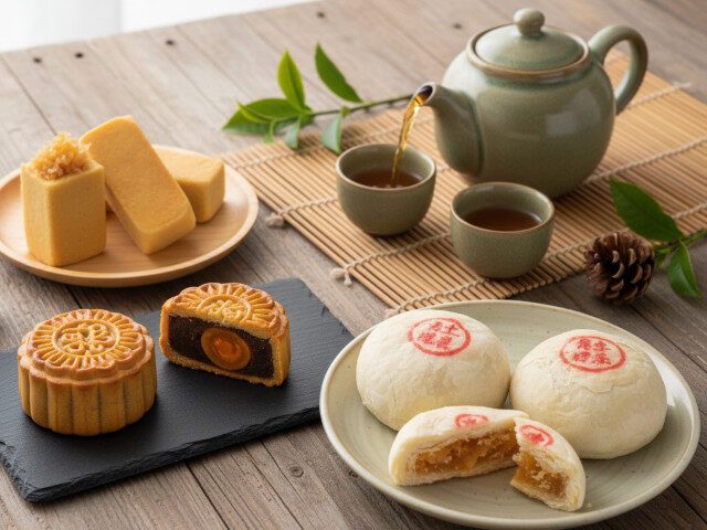 Taiwanese Traditional Delicacies and Tea: Mooncakes, Pineapple Cakes, Suncakes, and Hot Tea
